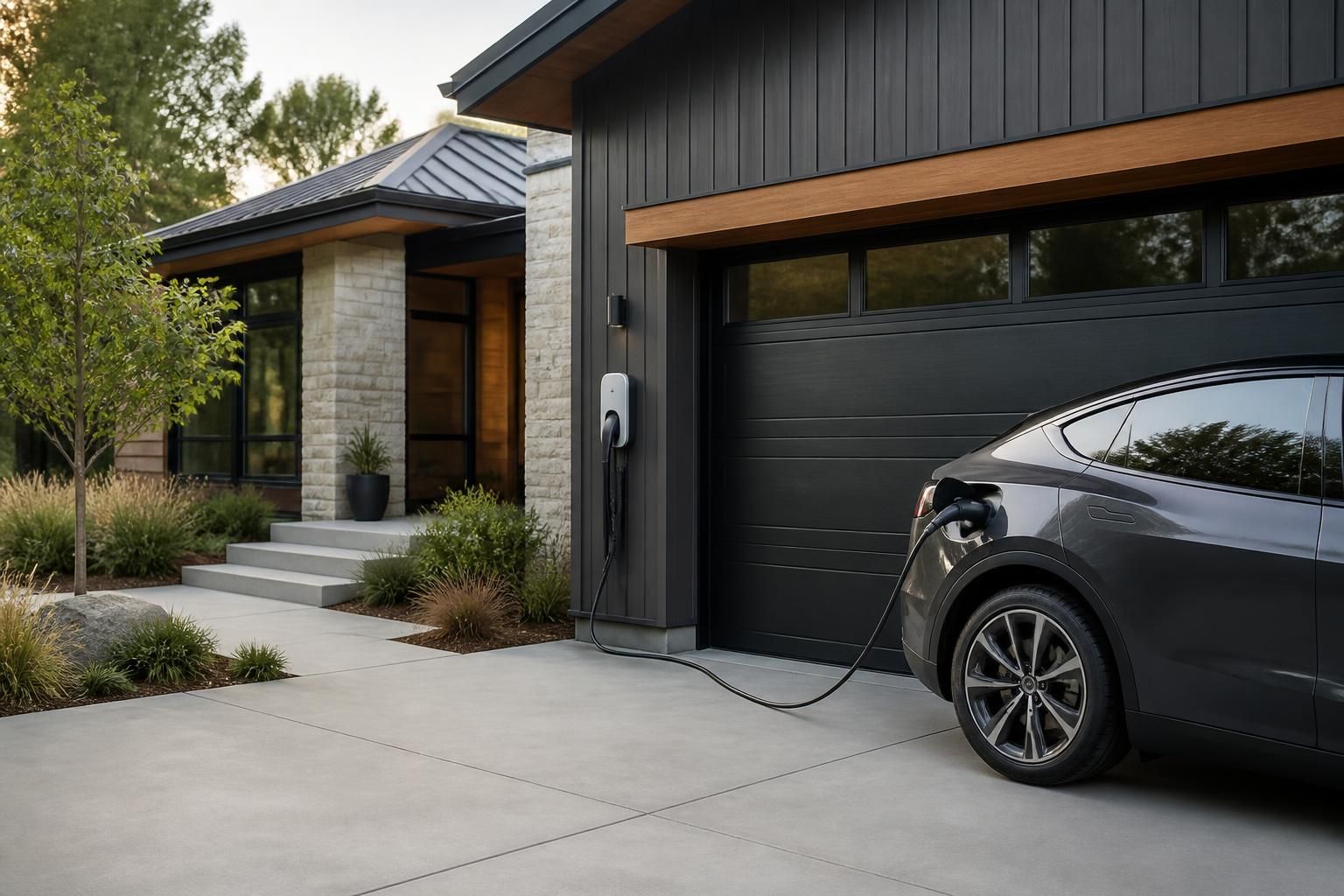 Modern home exterior with an EV charger beside a tidy driveway.